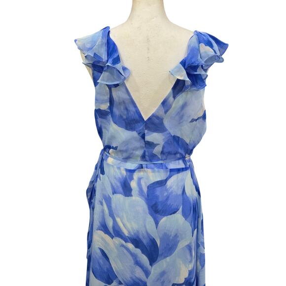 Lulus‎ Elevate The Occasion Wrap Dress Women's Medium Blue Floral Ruffle Hi Low - Picture 8 of 12